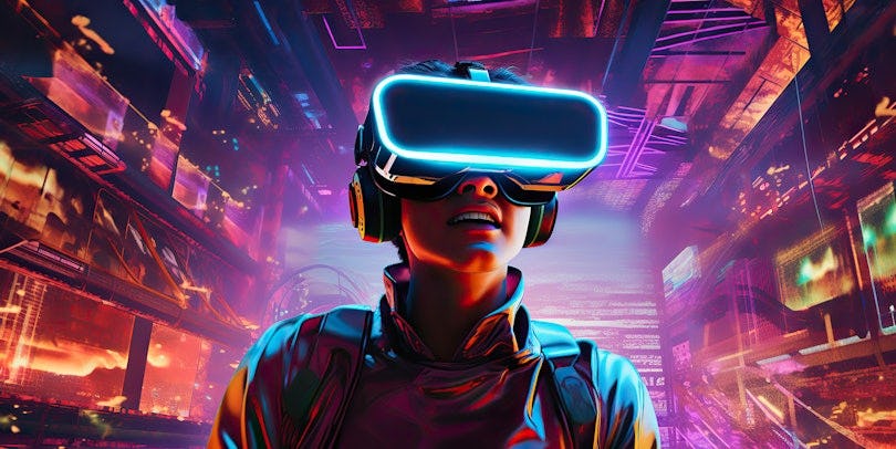 Developer met futuristische achtergrond en VR bril
