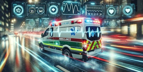 Een rijdende ambulance met alle systemen die draaien als pictogrammen erboven