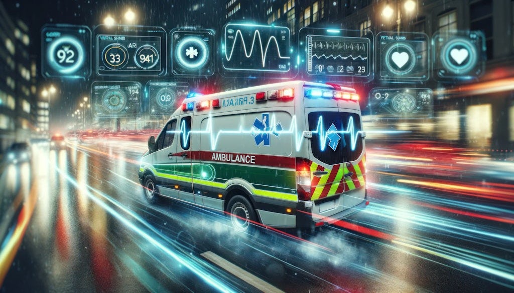 Een rijdende ambulance met alle systemen die draaien als pictogrammen erboven